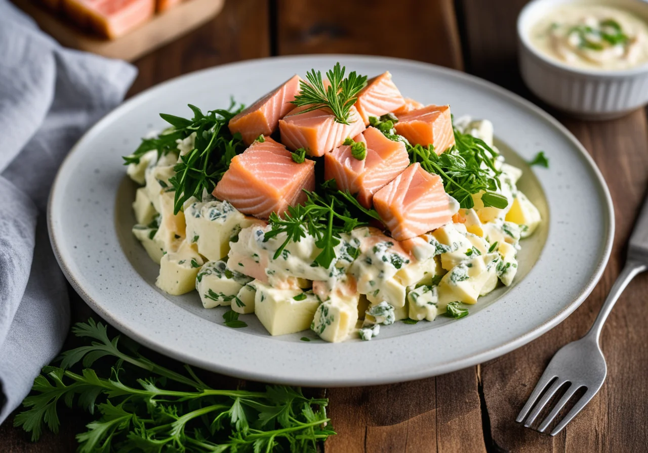 Potato salad with salmon and cream cheese