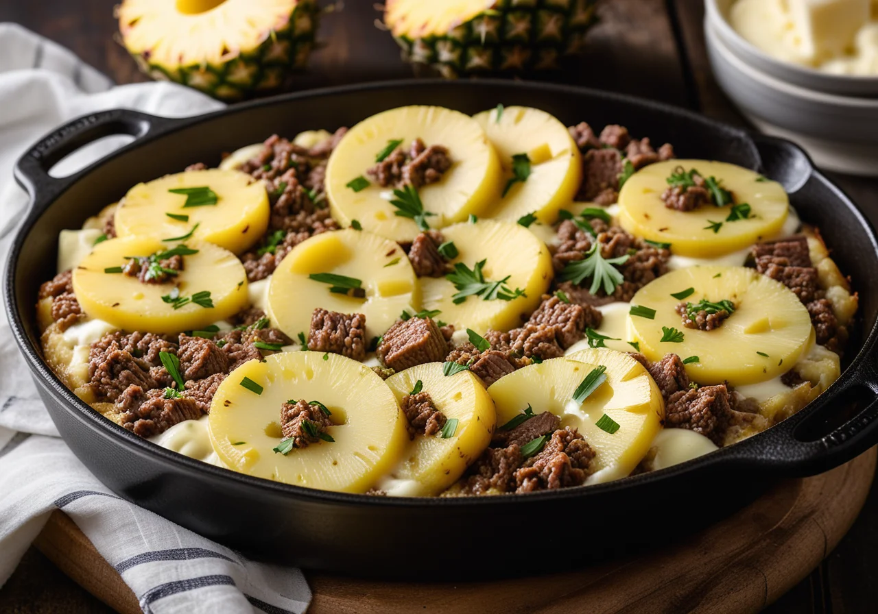 Ground Beef Leek Casserole with Pineapple
