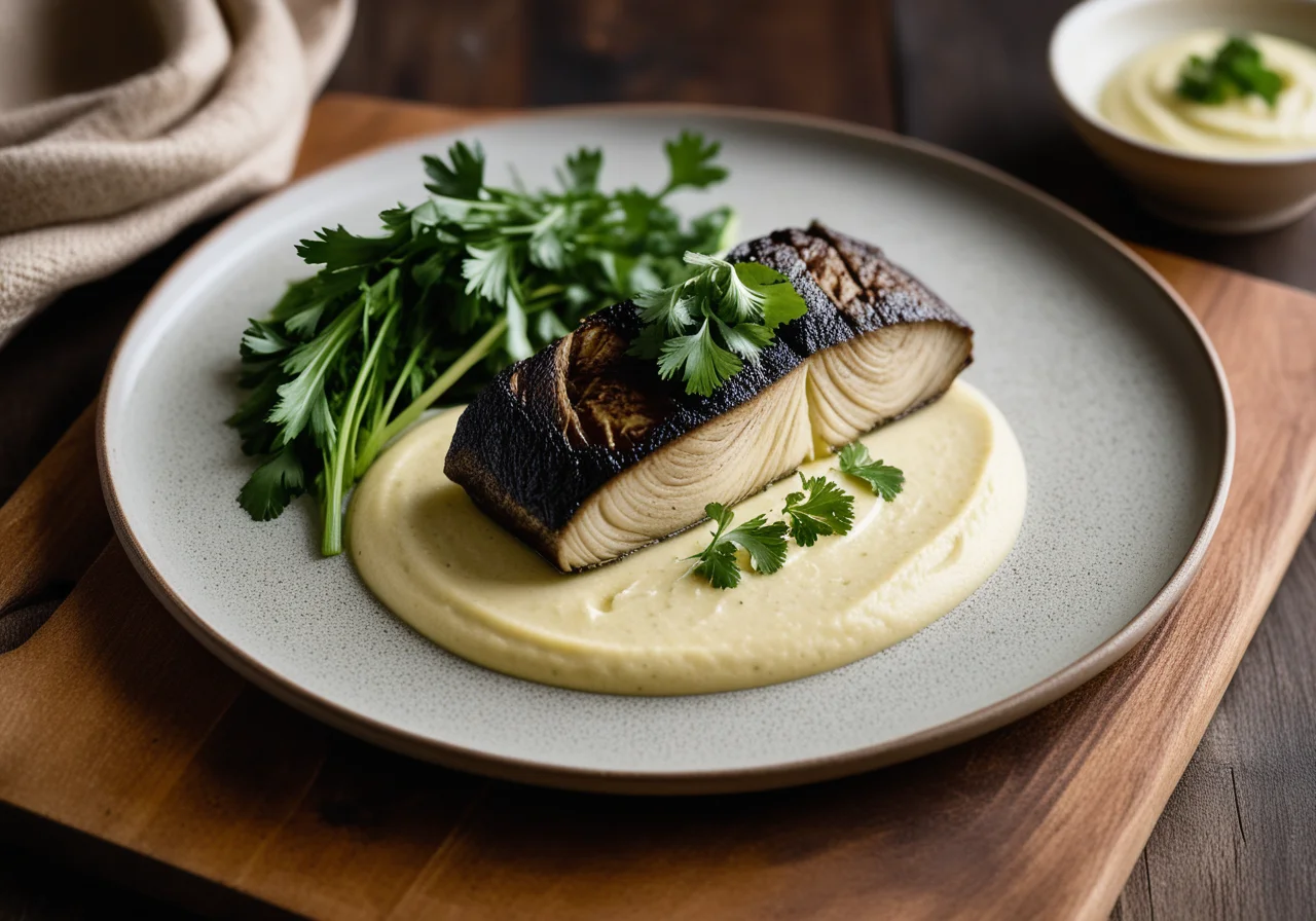 Black Sea Bass with Green and White Celery Root Puree