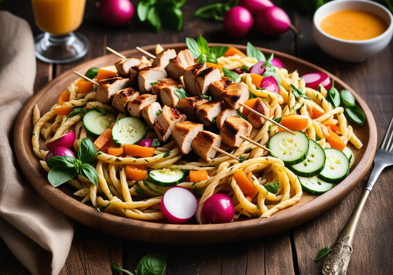 Chicken Skewers with Vegetable Pasta Salad
