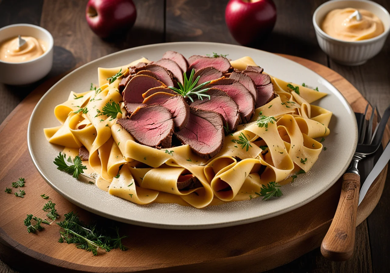 Pasta with Carrot Horseradish Sauce and Roast Beef