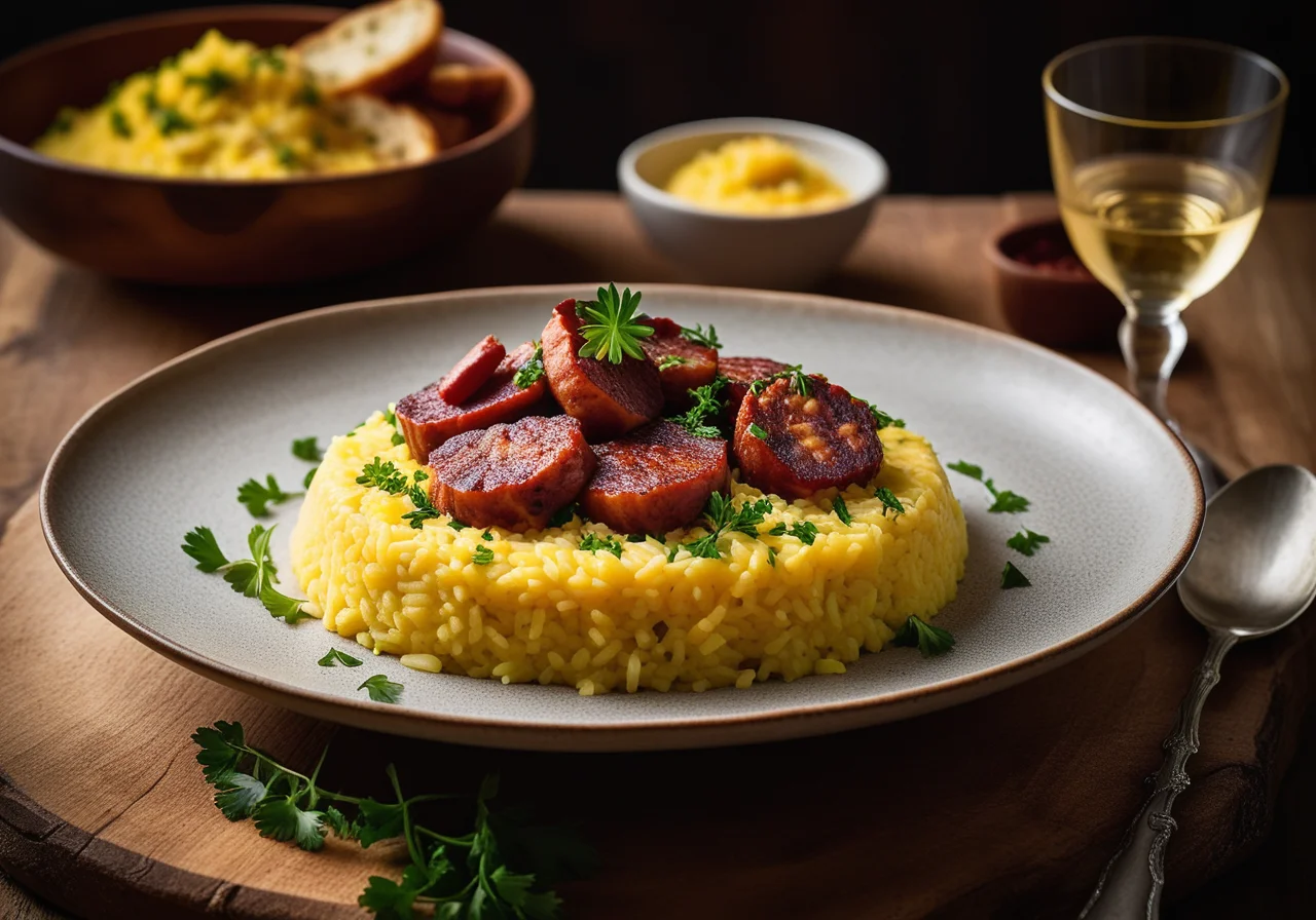 Saffron Risotto with Stonefish and Chorizo Chips