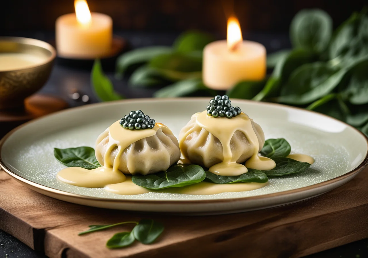 Pike Dumplings in Cream Sauce with Spinach