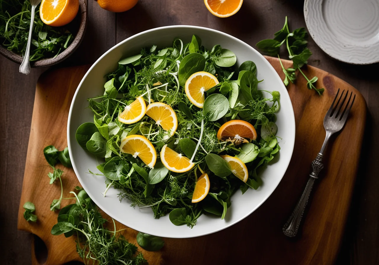 Leafy salad with herbs and orange dressing