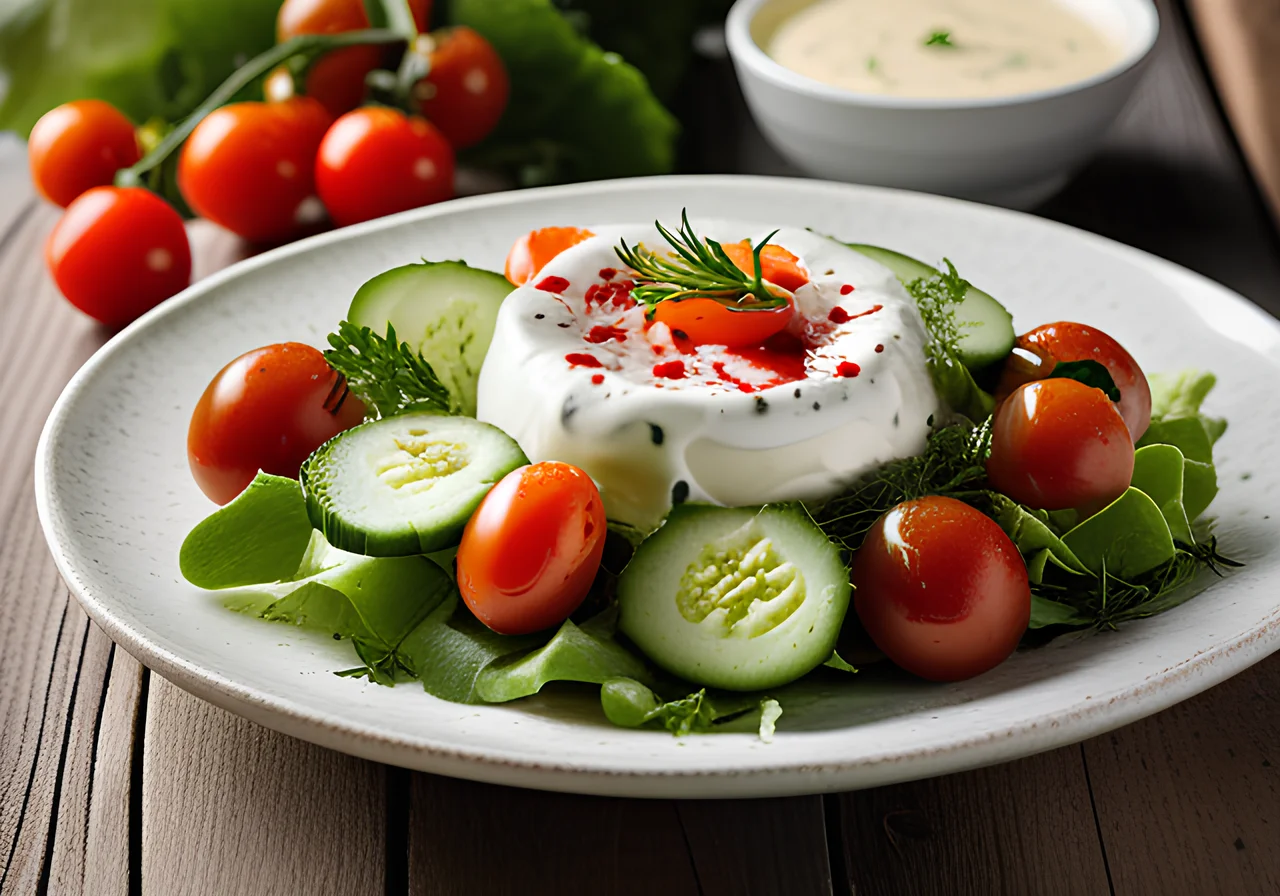 Romanasalad with Tomatoes, Cucumbers and Yogurt Dressing
