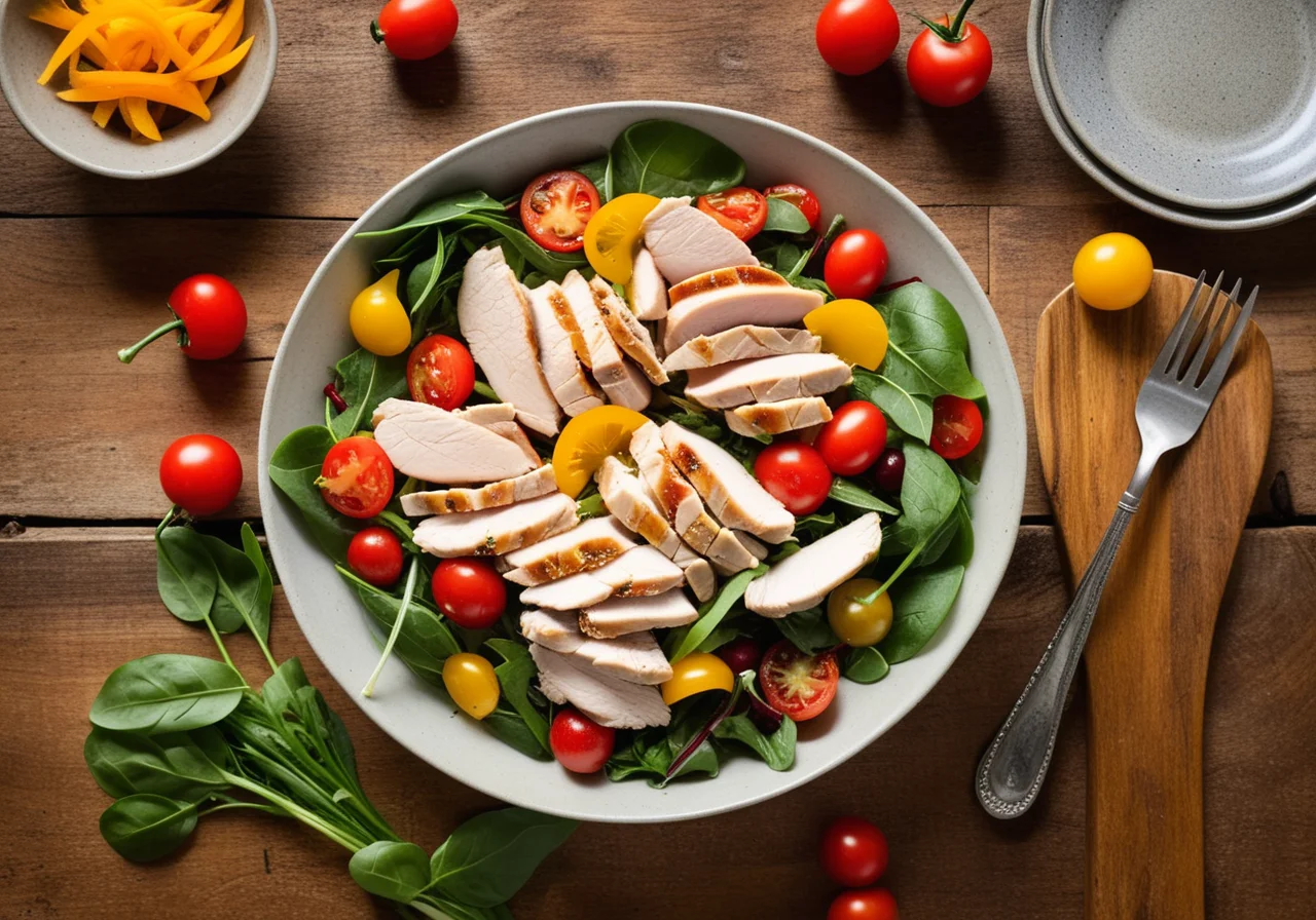 Chicken Salad with Bell Peppers, Onions, Tomatoes and Arugula