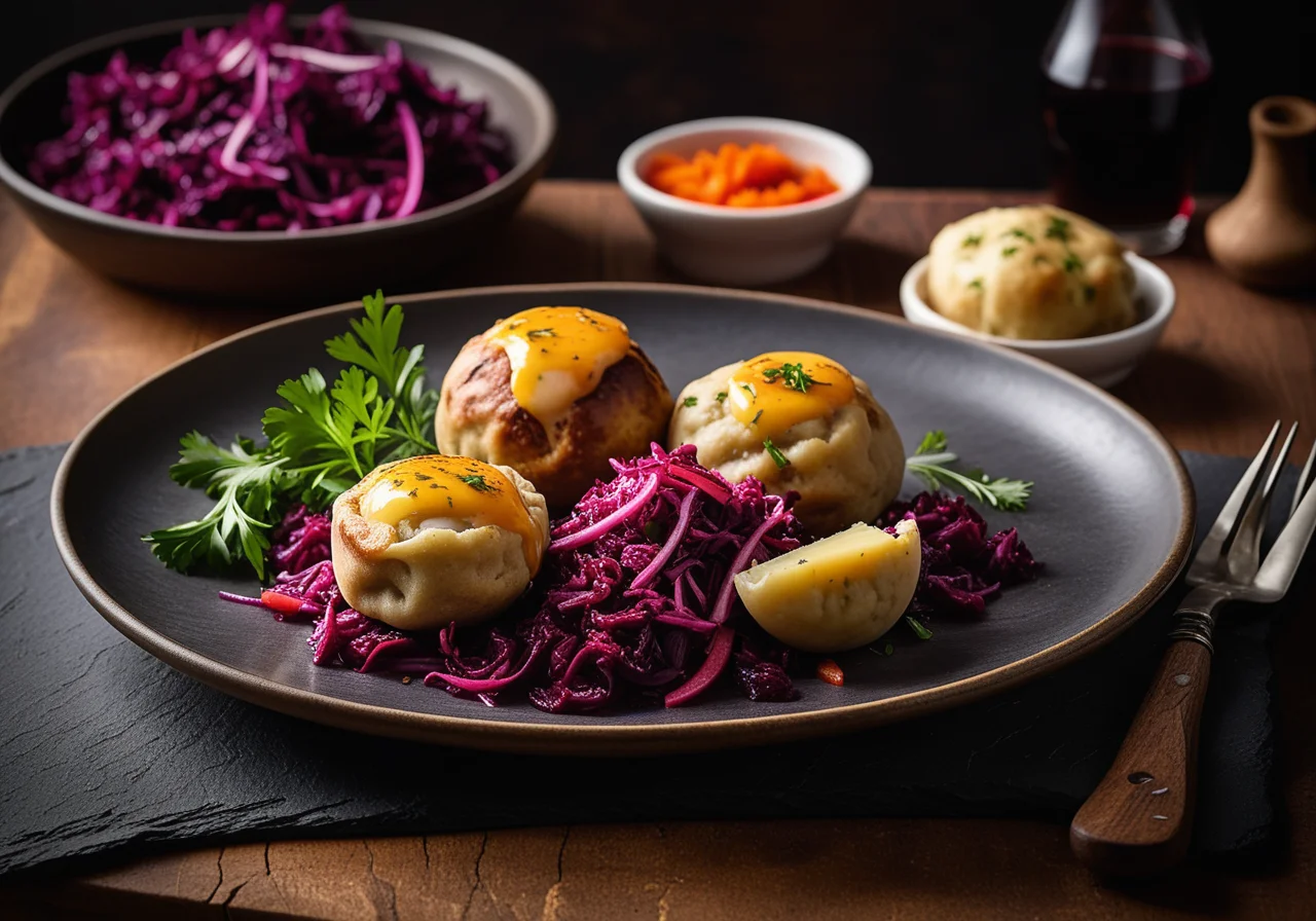 Goose Legs with Dumplings and Red Cabbage