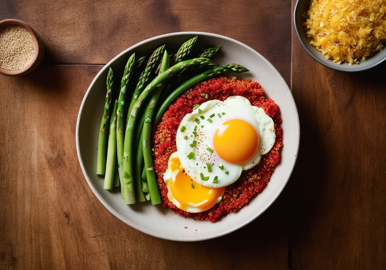 Quinoa with Green Asparagus and Fried Eggs, Ajvar