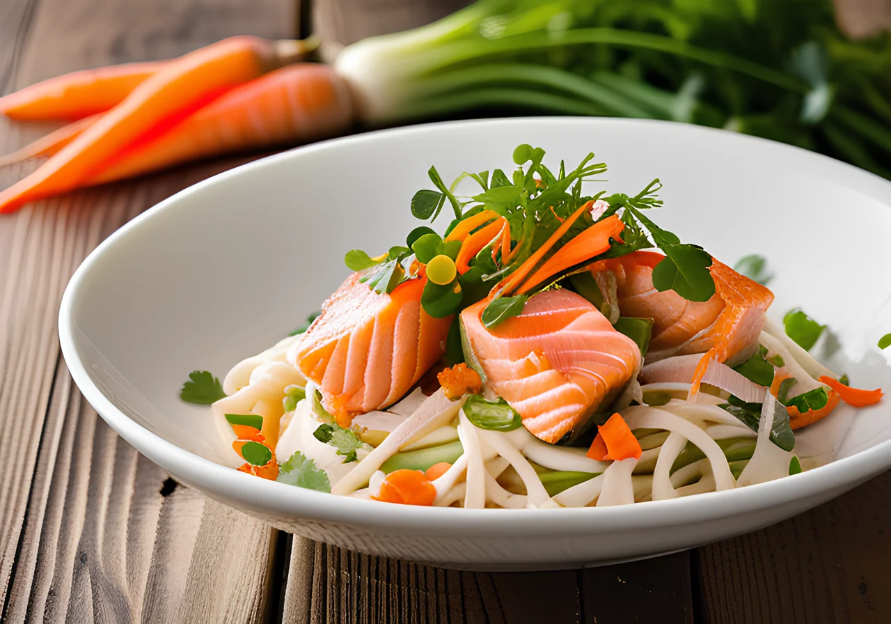 Pulled Salmon on Asian Noodles with Coconut Vegetable Sauce