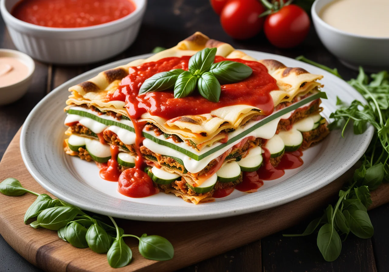 Vegetable Lasagna with Mozzarella and Light Gazpacho Sauce
