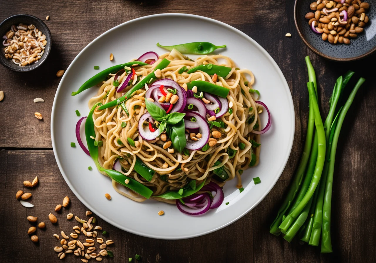Asian Noodles with Pak Choy, Chili Rings and Peanuts