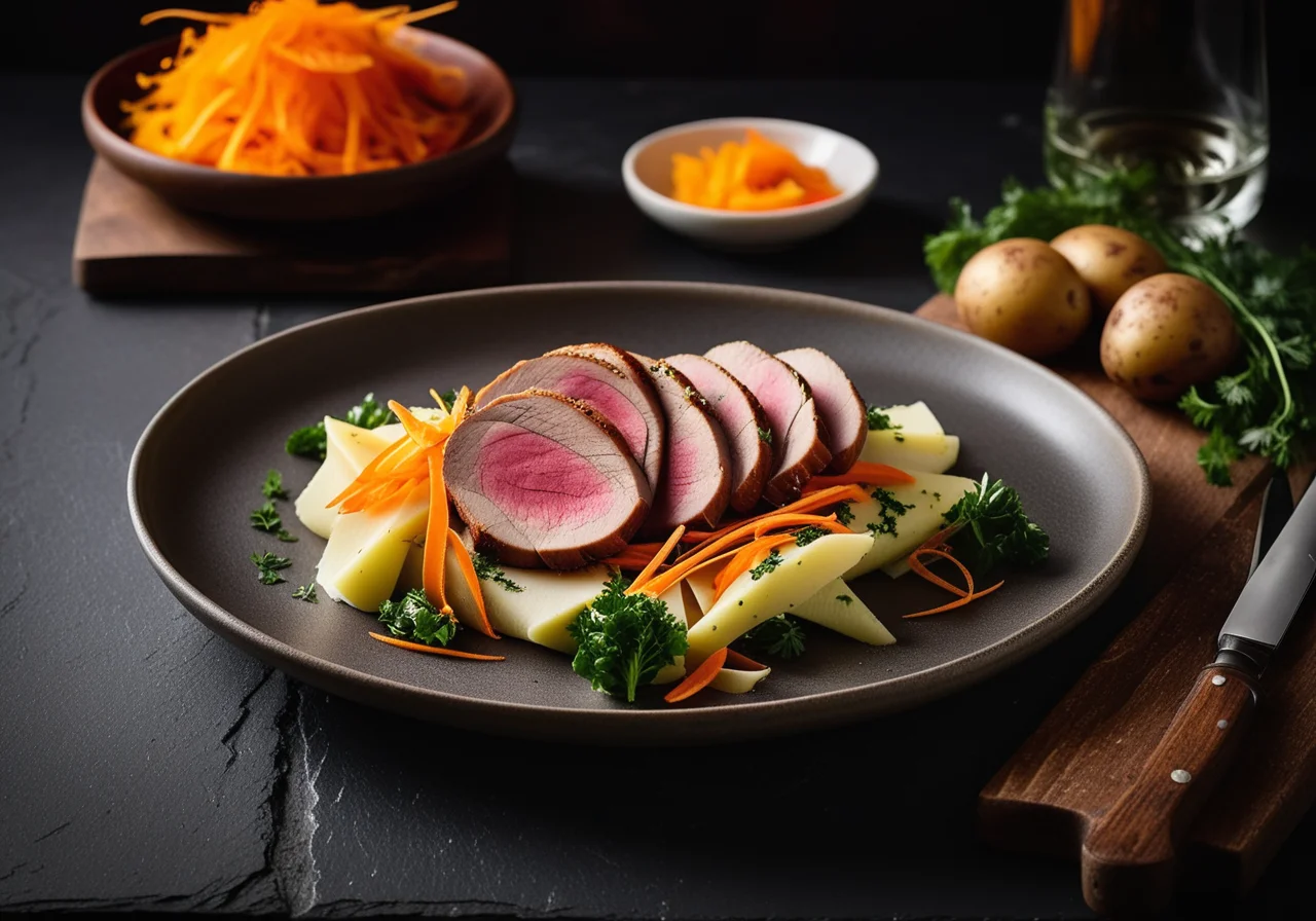 Duck Breast with Savoy Cabbage, Carrots and Herzog Potatoes