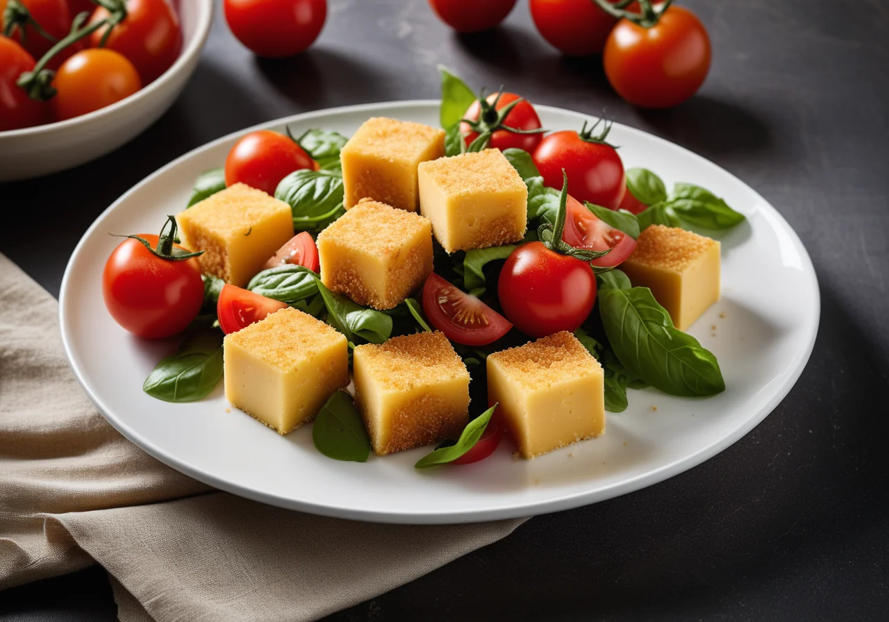 Breaded Cheese Cubes with Tomato Salad