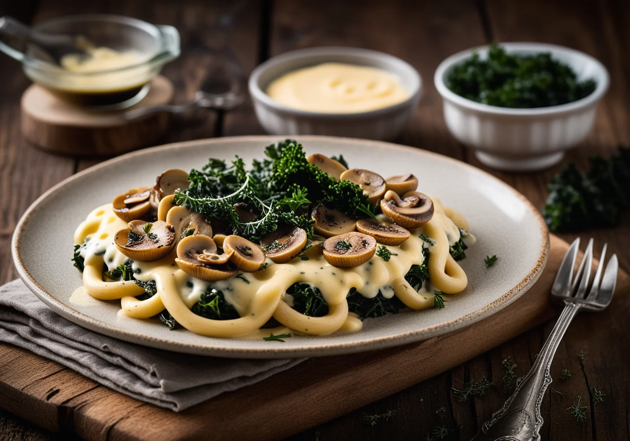 Pasta gratin with kale and mushrooms