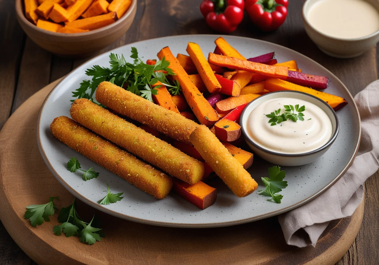 Fish sticks with vegetables and yogurt dip