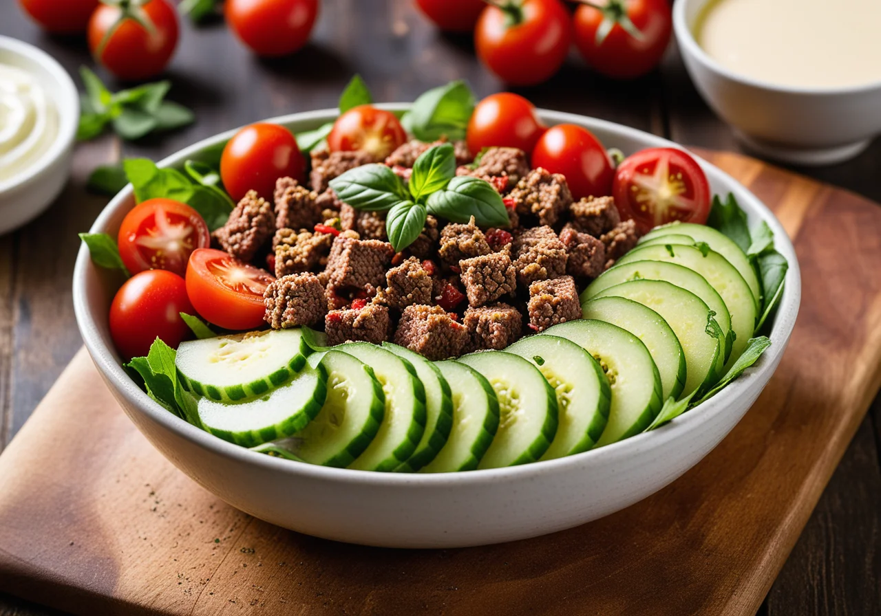 Salad with Ground Beef, Tomatoes, Cucumber and Sumac