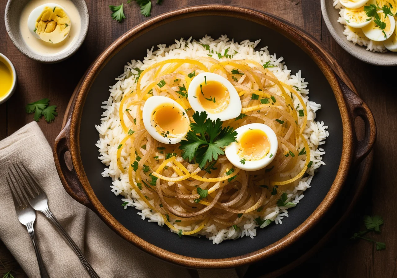 Rice skillet with fish and egg