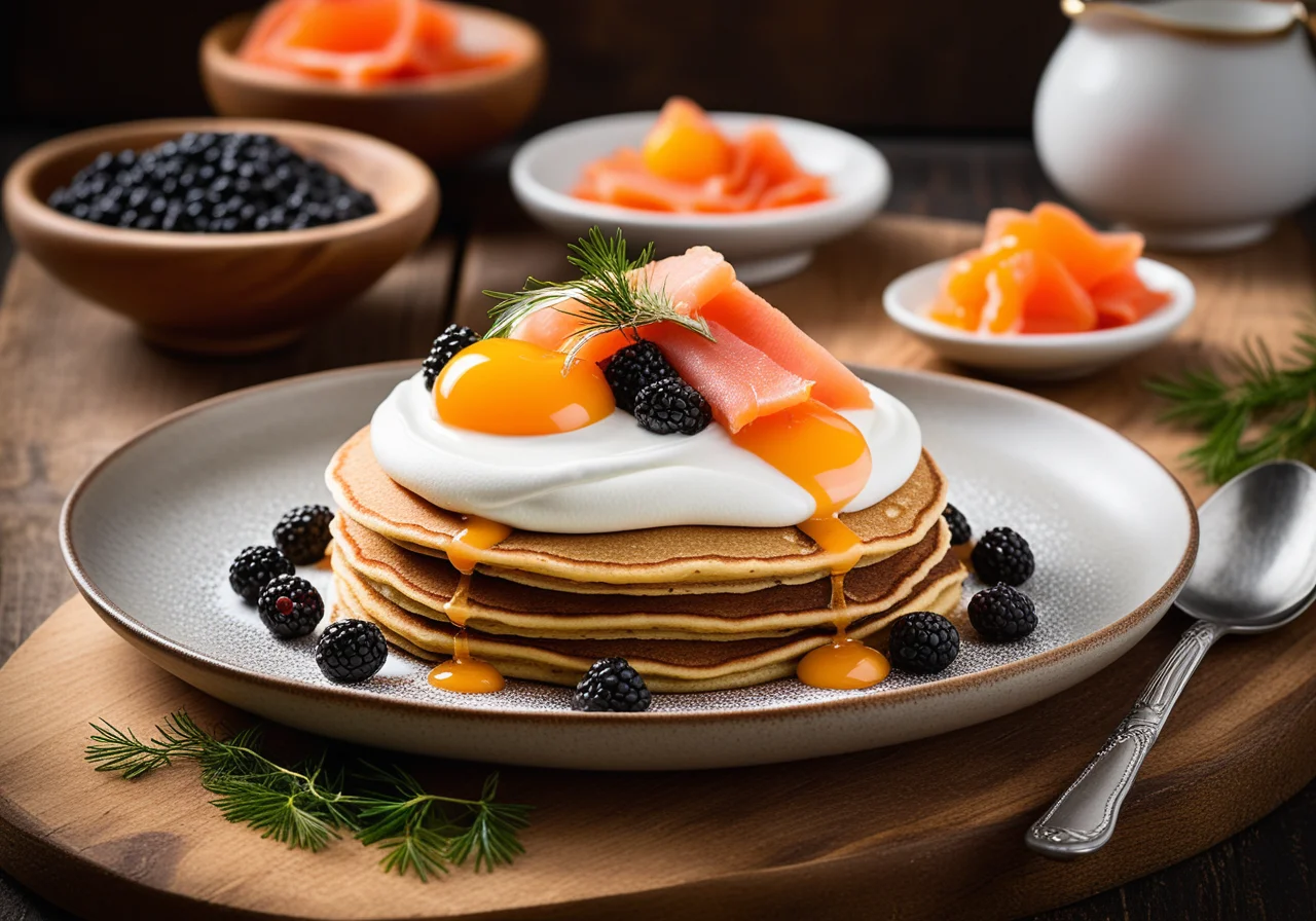 Small Buckwheat Pancakes with Creamy Horseradish, Smoked Salmon and Caviar
