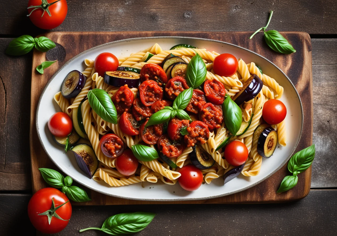 Pasta with Tomato Sauce and Mediterranean Vegetables