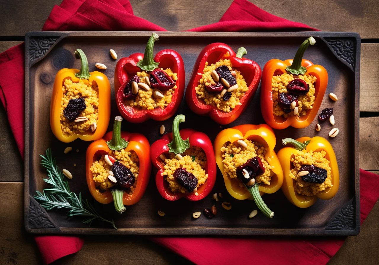 Red Bell Peppers Stuffed with Couscous, Pine Nuts and Raisins