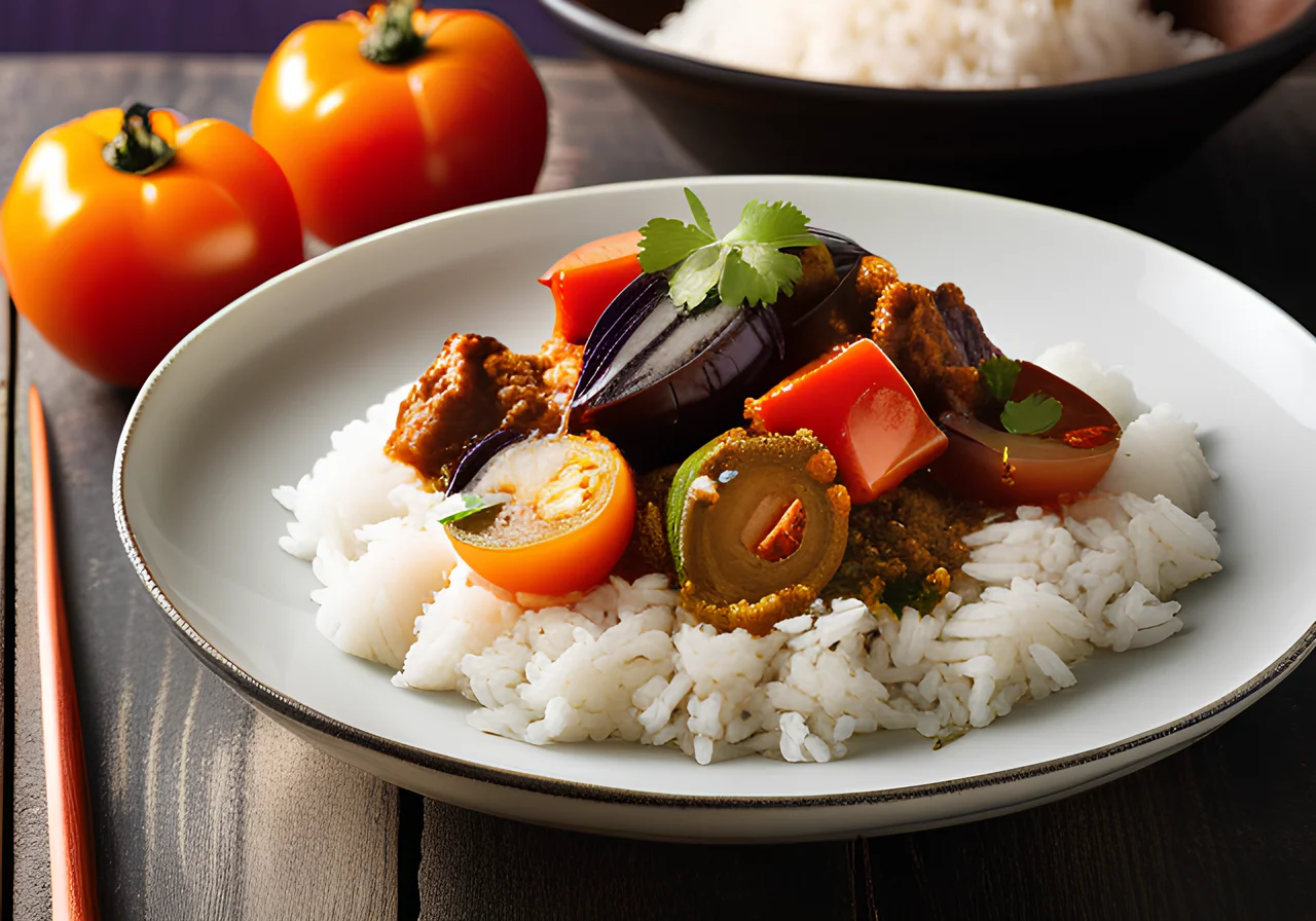 Eggplant Tomato Chicken Curry with Sesame Rice