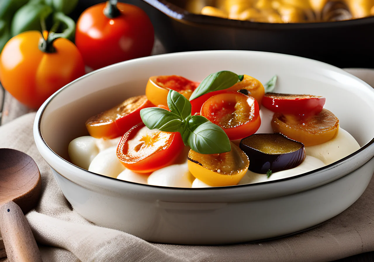Macaroni Bake with Eggplant, Cheese, and Tomato