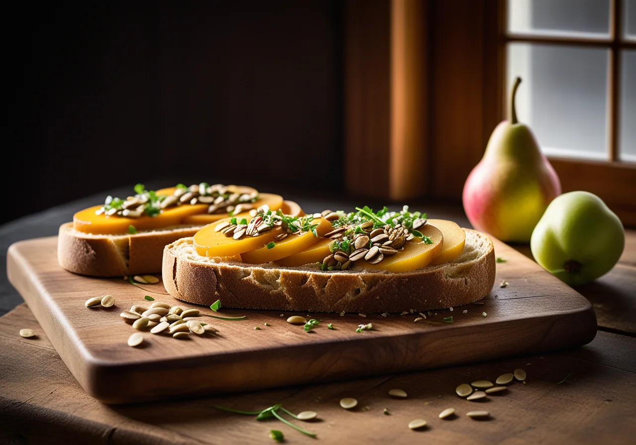 Bread roll topped with pear, radish and pumpkin seeds