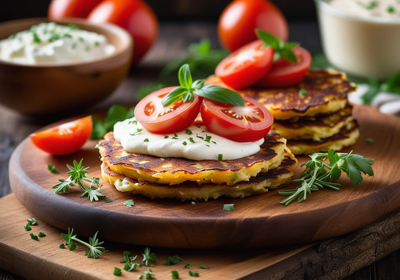 Leek Potato Pancakes with Cottage Cheese Tomato Dip