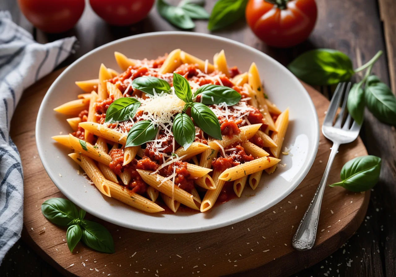 Penne with Tomato Sauce, Parmesan and Basil