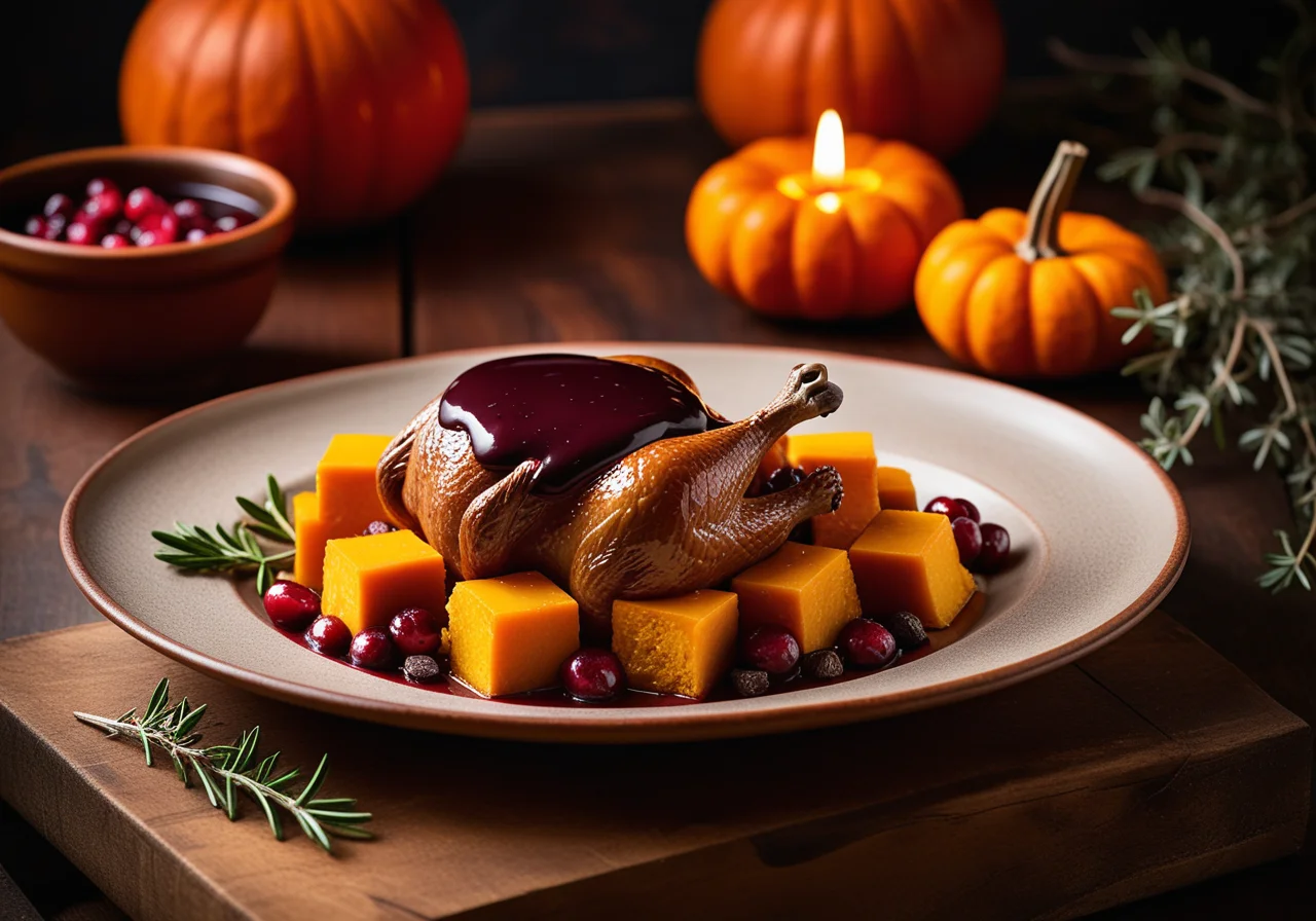 Quail with Pumpkin and Cranberry Chocolate Sauce