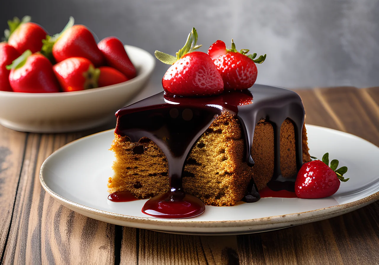 Moist Chocolate Cake with Glaze and Strawberries