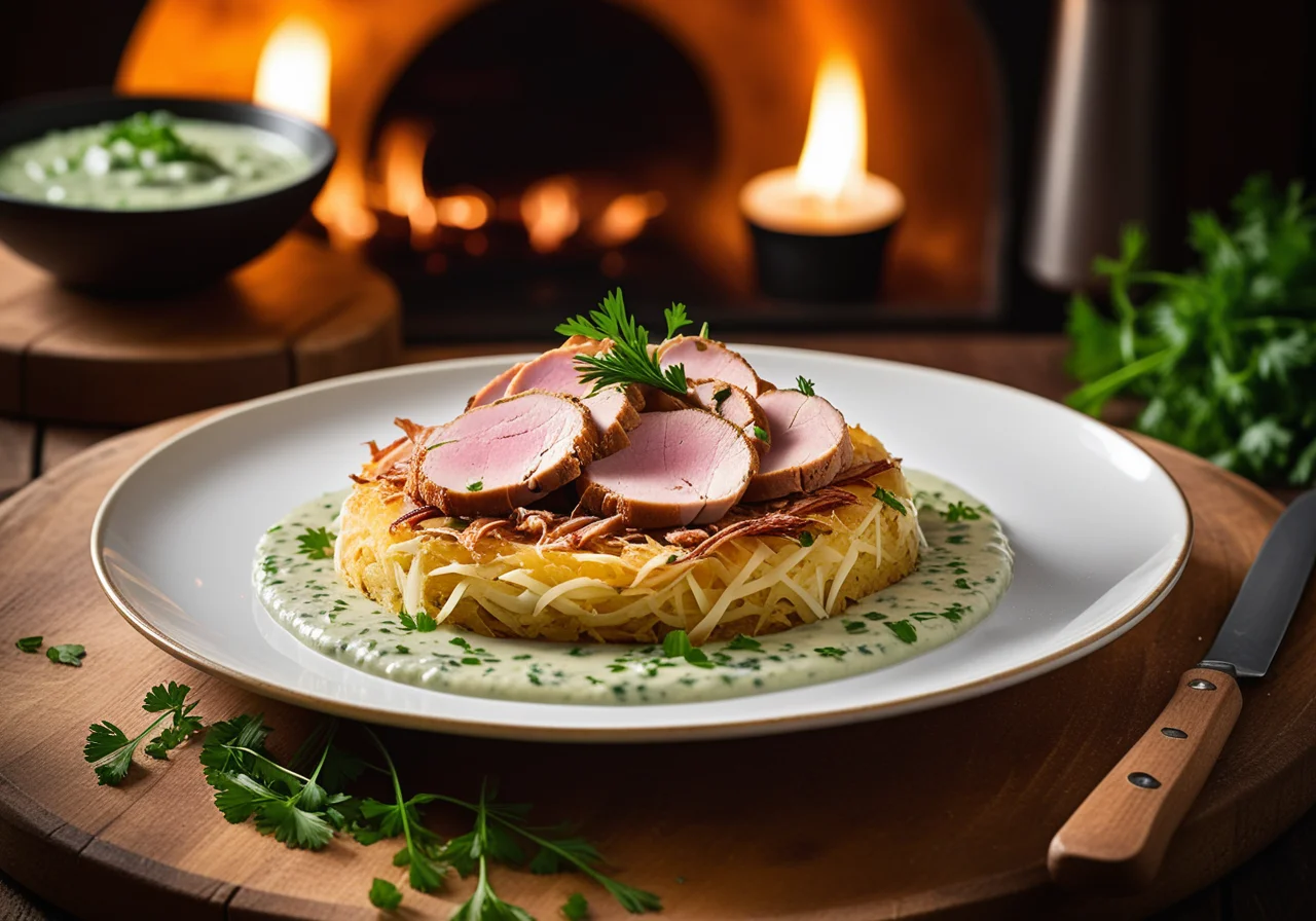 Chicken aspic with Rösti and herb cream