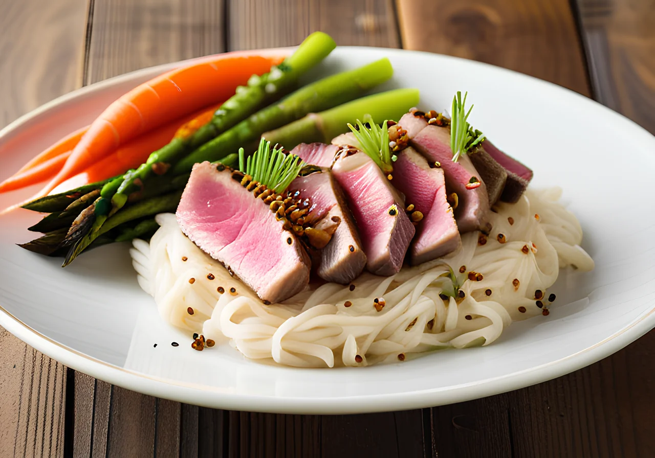 Seared Tuna Steak with Sesame, Asian Noodles and Asparagus