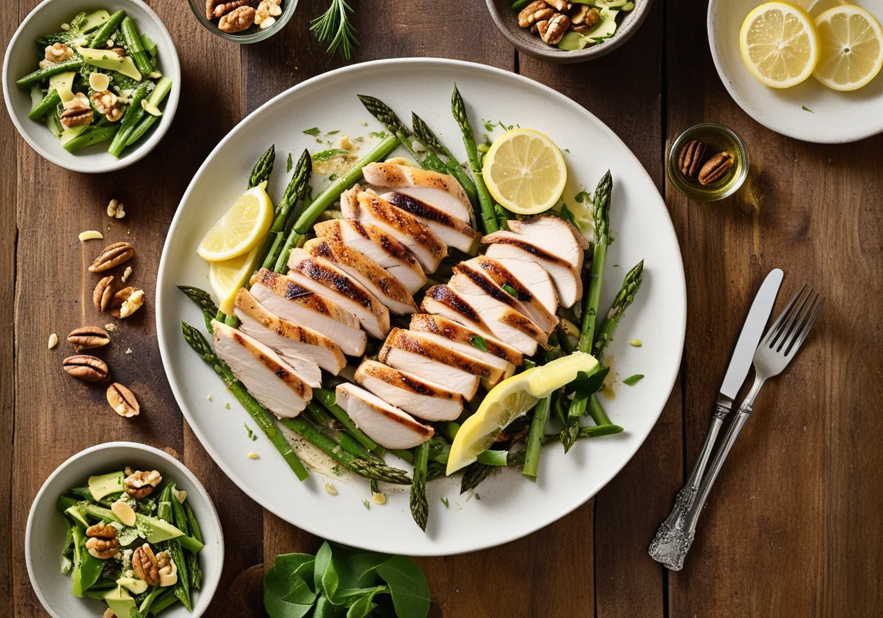 Chicken Salad with Avocado, Green Asparagus and Walnut Kernels