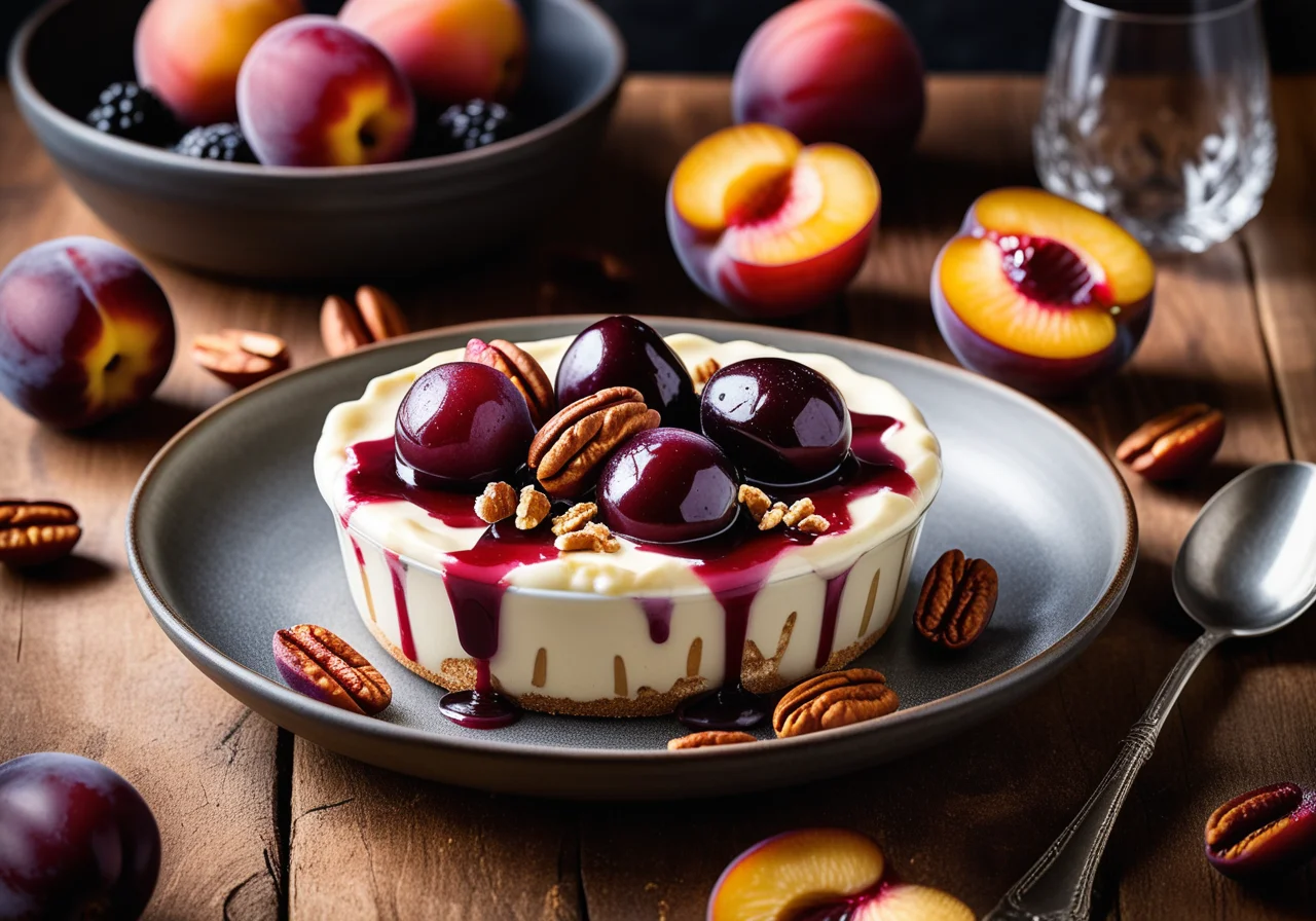Quark dessert with baked plums and blackberry compote