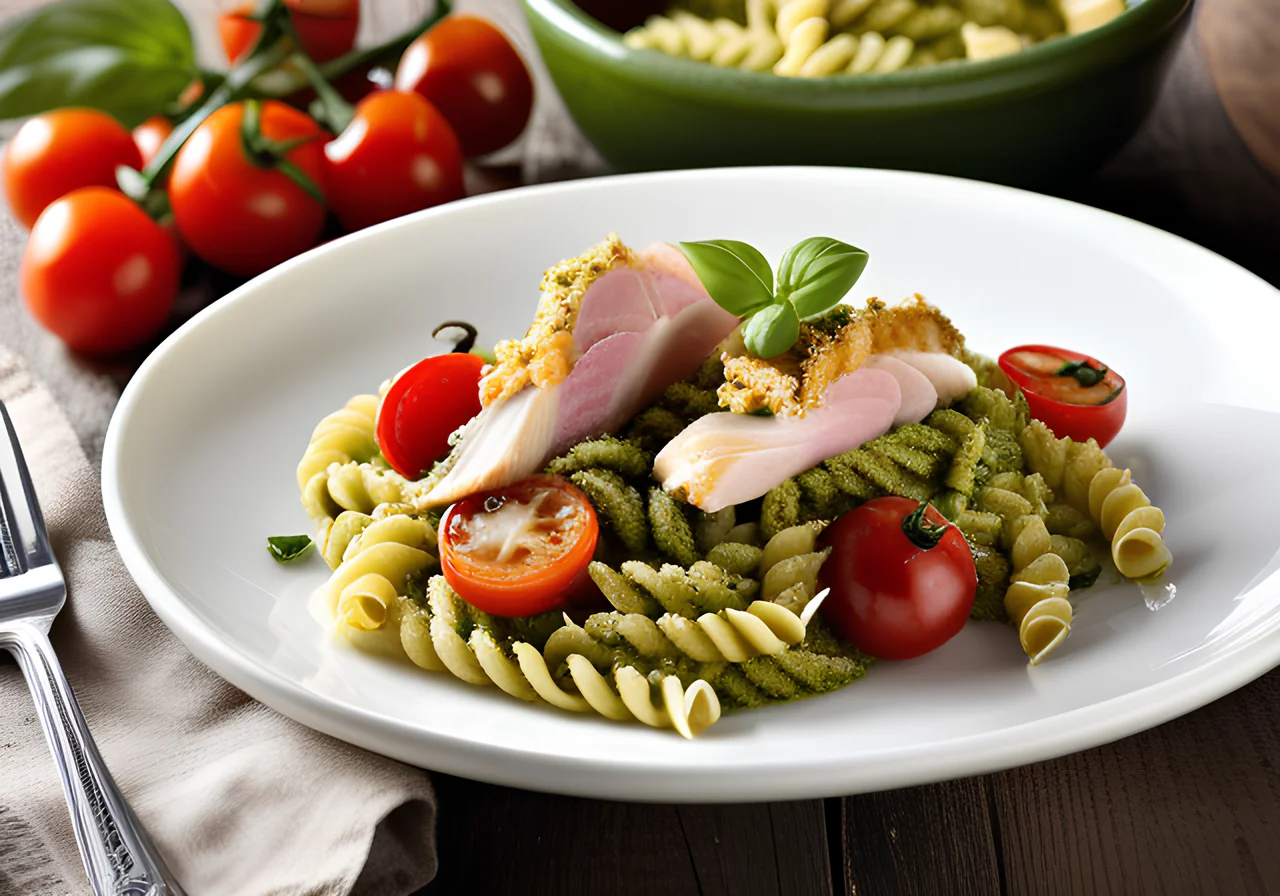Fusilli with Pesto, Chicken and Tomatoes