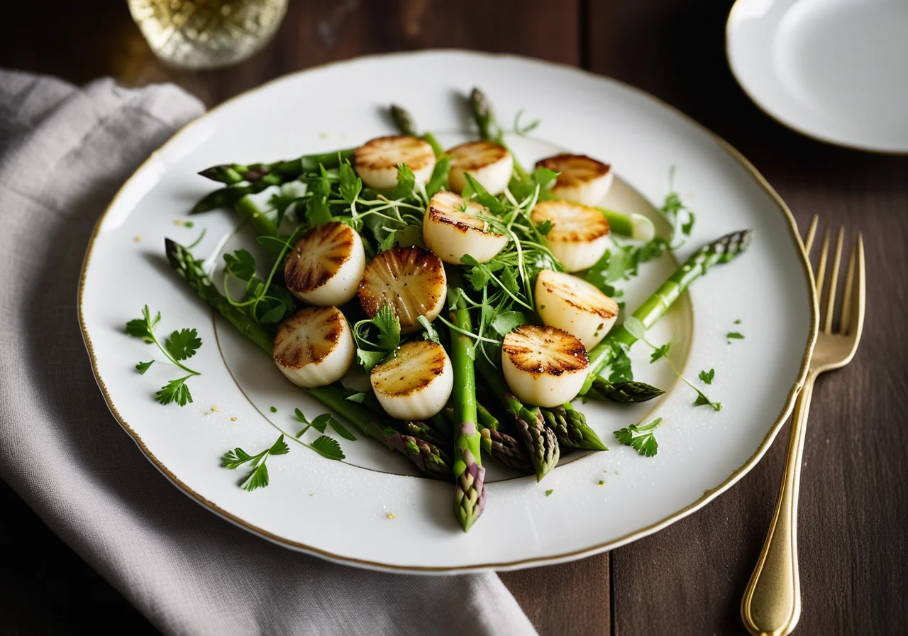 Green asparagus salad with scallops and coriander