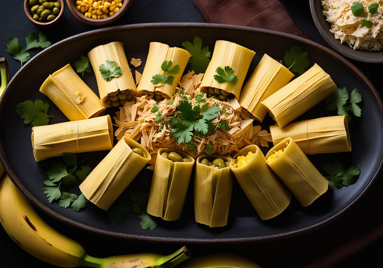 Tamale with Chicken and Olives in Banana Leaves