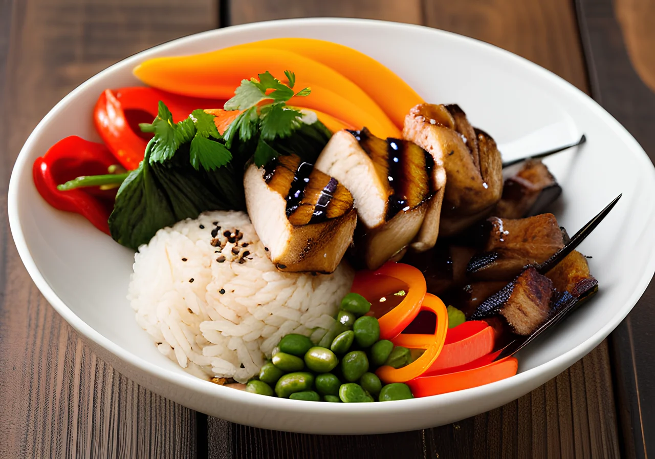 Asia Bowl with Basmati Rice, Chicken Skewers, Pak Choi, Shiitake Mushrooms, Bell Pepper, and Sesame Sauce