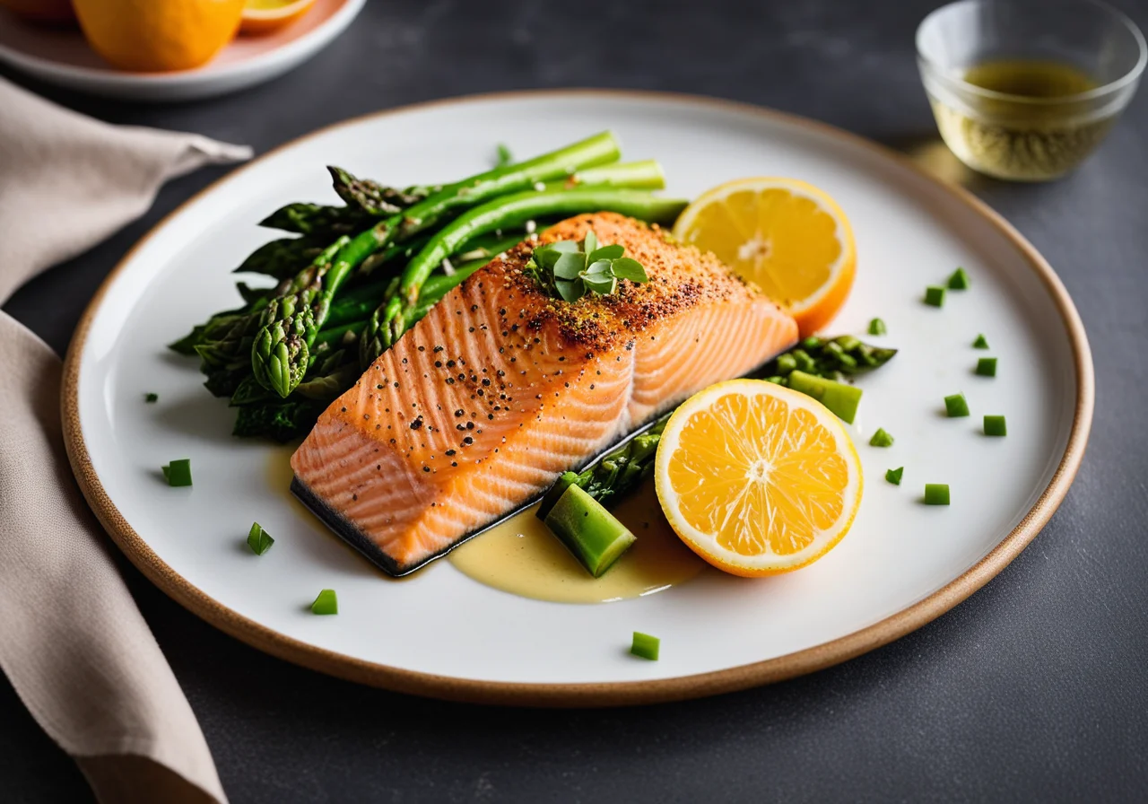 Salmon Fillet with Citrus Fruits and Green Vegetables