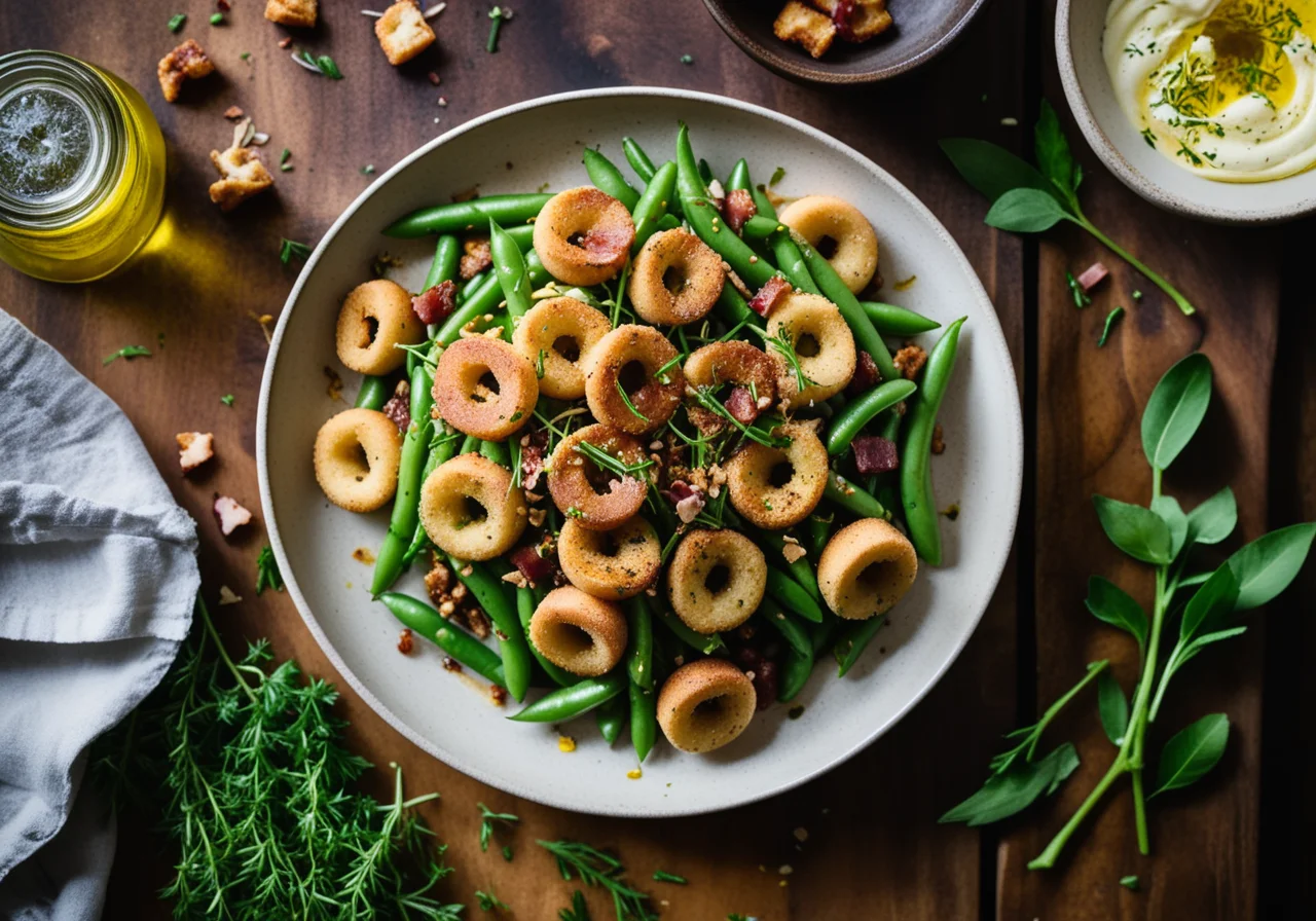 Green and Yellow Beans with Garlic Pancetta Croutons