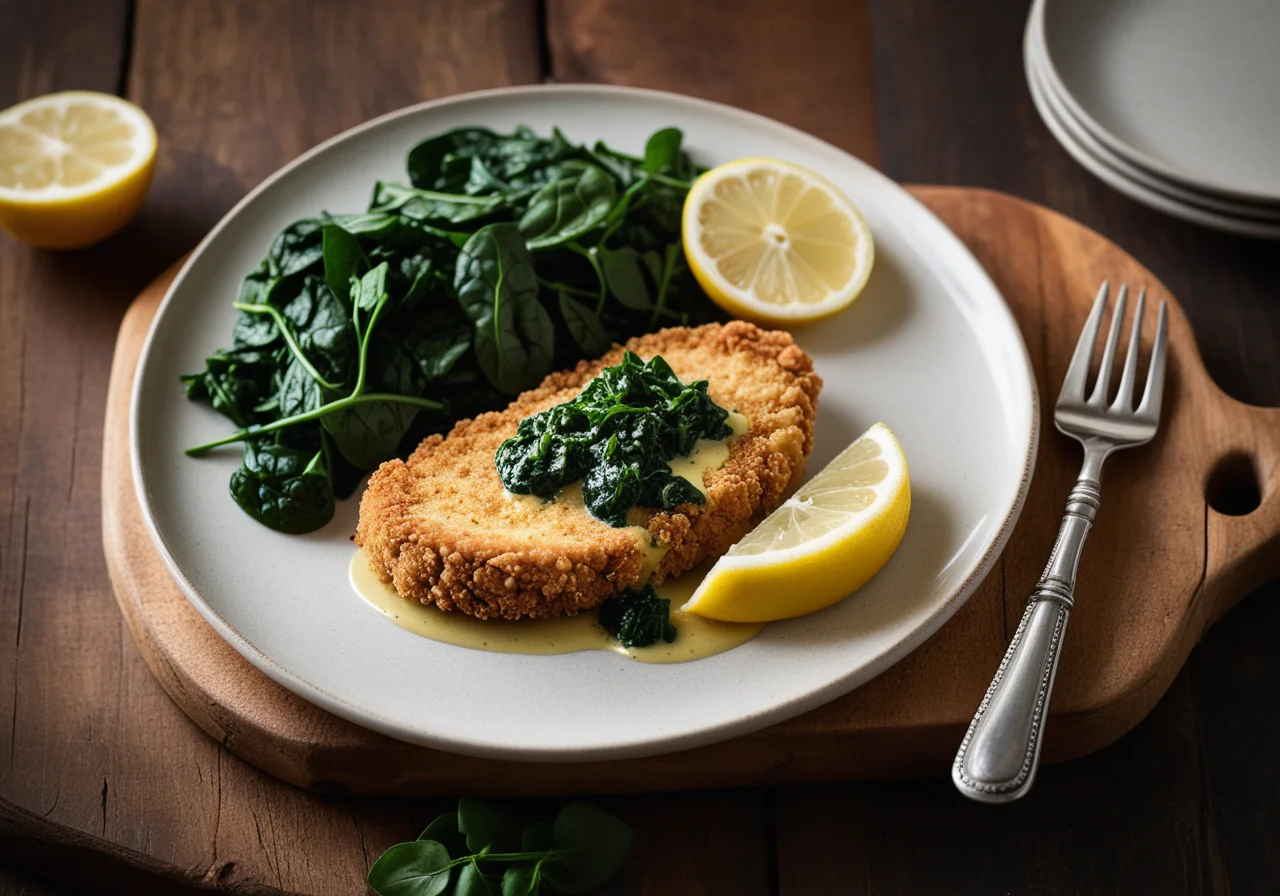 Breaded Chicken Cutlet with Spinach and Lemon