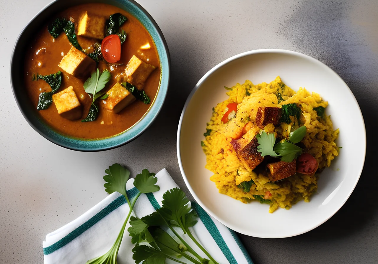 Tofu Spinach Tomato Curry with Turmeric Rice