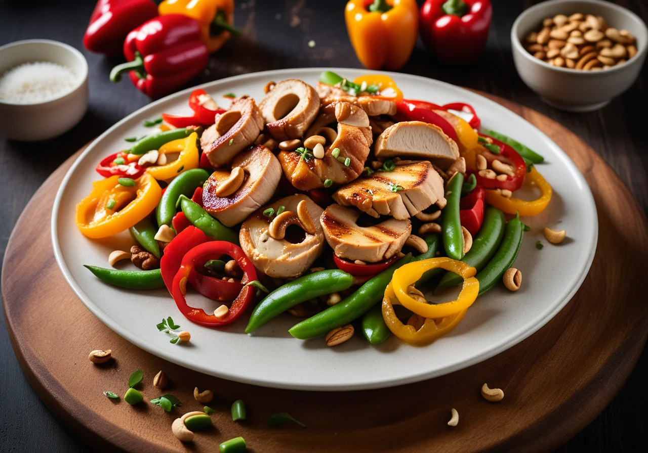 Chicken with Vegetables and Cashew Nuts in a Wok