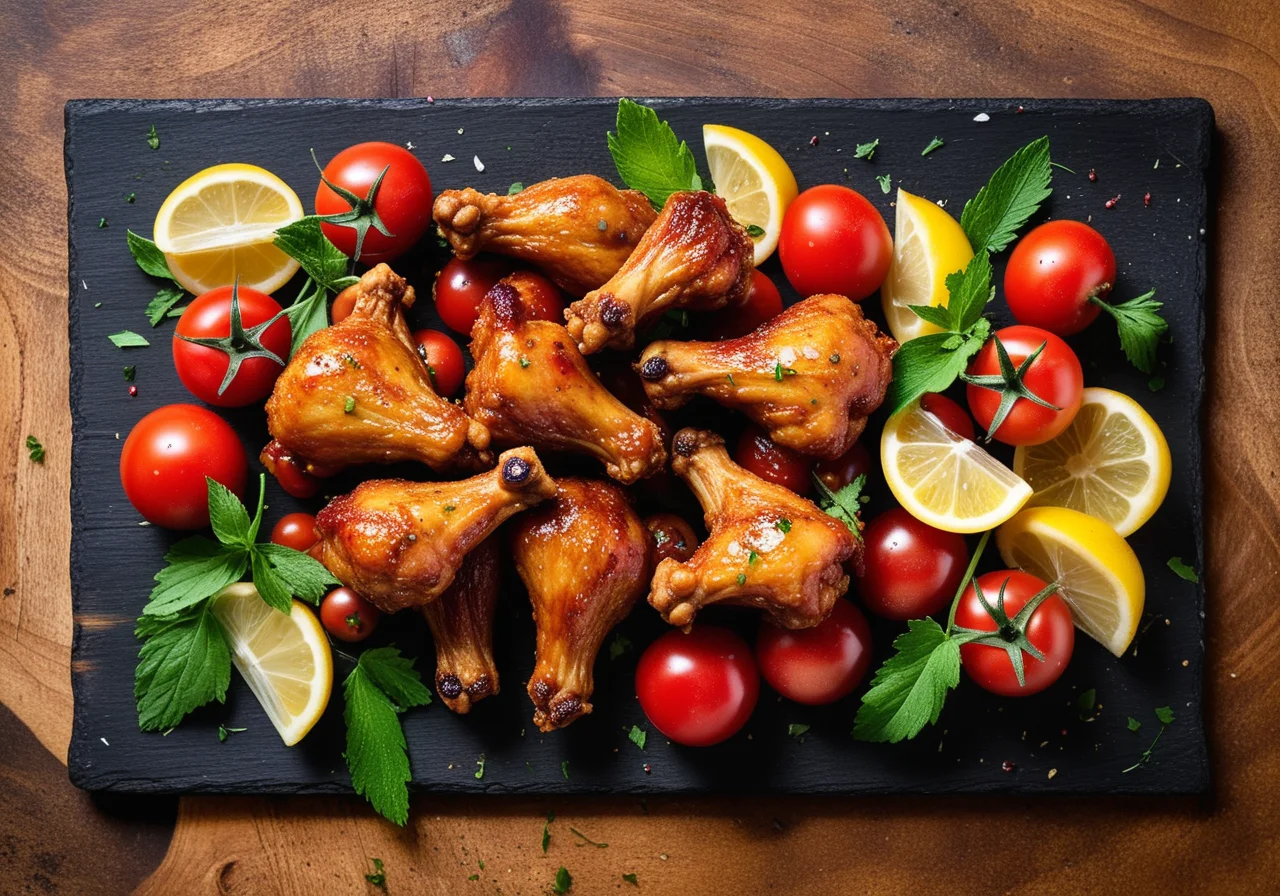 Crispy Chicken Wings and Colorful Tomato Salad