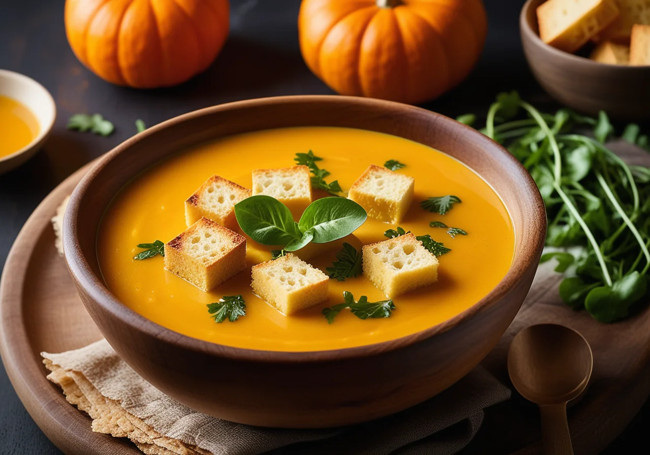 Nutmeg Pumpkin Soup with Celery and Croutons