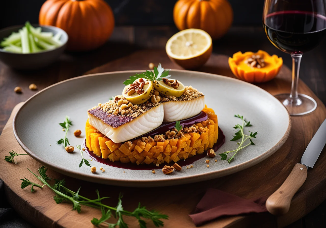 Pike Perch with Walnut Crust on Autumn Red Wine Vegetable Medley