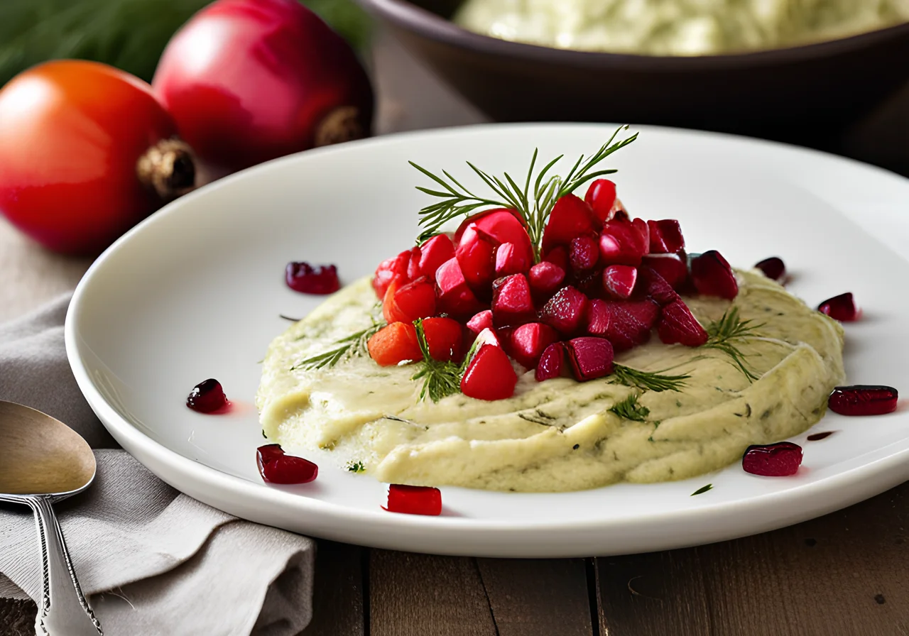 Jerusalem Artichoke Mash with Tomatoes and Pomegranate Sauce