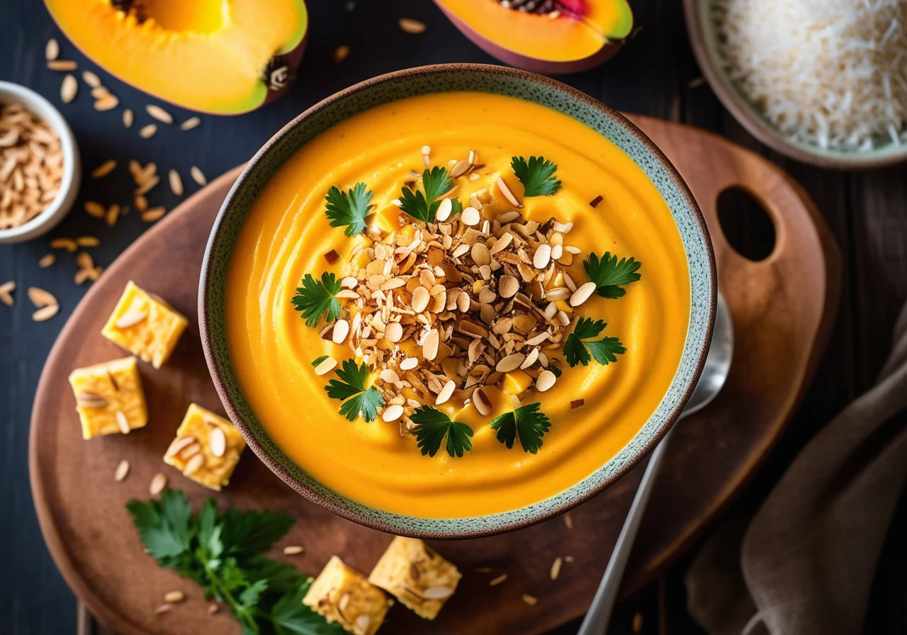 Sweet Potato Mango Soup with Herb Rice Garnish