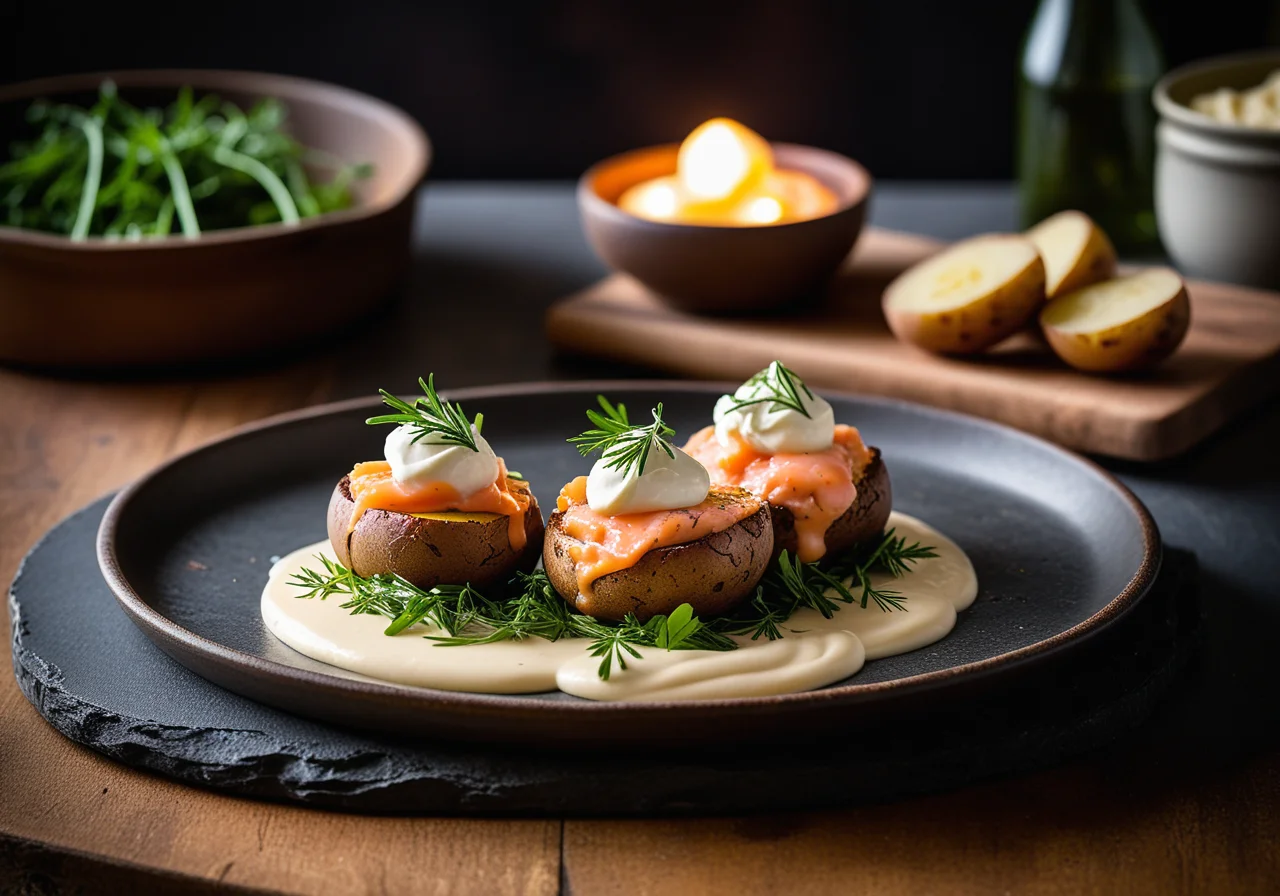 Oven Potatoes with Salmon Cream and Arugula